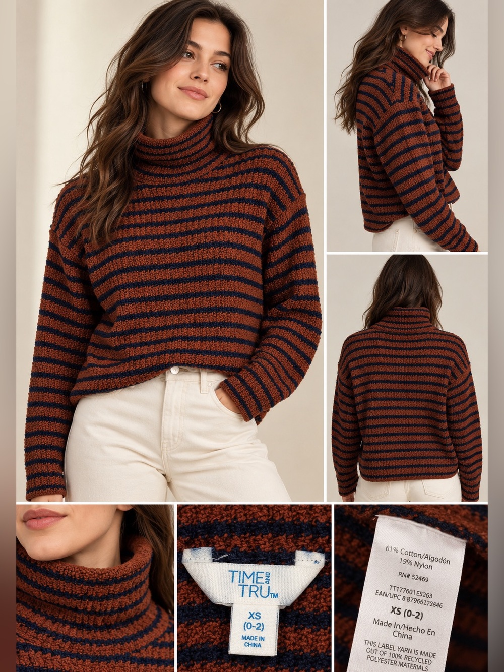 Time and Tru XS Rust Navy Striped Turtleneck Sweater Cozy Knit Fall Winter